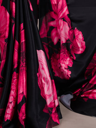 Pink Elegant Floral Print Satin Silk Saree with Plain Banglory Blouse Piece ClothsVilla