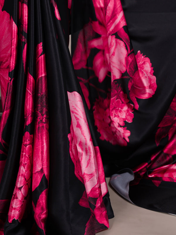 Pink Elegant Floral Print Satin Silk Saree with Plain Banglory Blouse Piece ClothsVilla