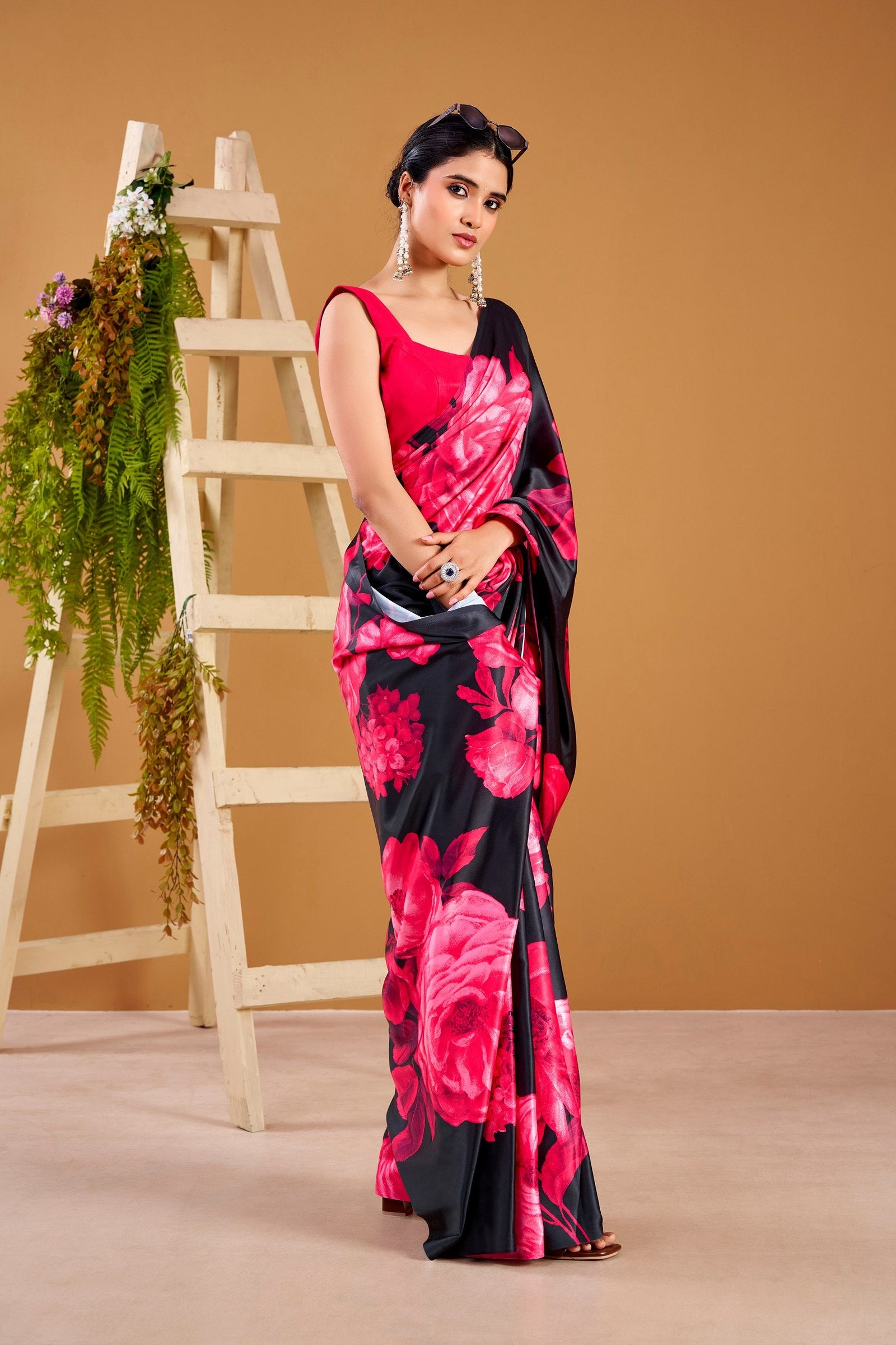 Pink Elegant Floral Print Satin Silk Saree with Plain Banglory Blouse Piece ClothsVilla
