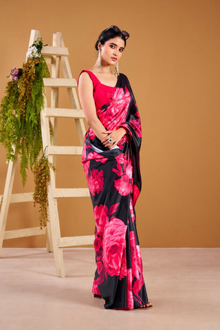 Pink Elegant Floral Print Satin Silk Saree with Plain Banglory Blouse Piece ClothsVilla