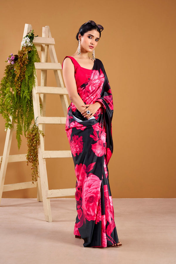Pink Elegant Floral Print Satin Silk Saree with Plain Banglory Blouse Piece ClothsVilla