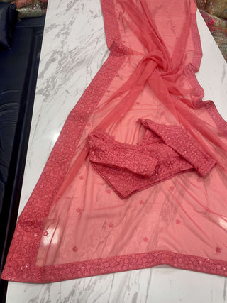 Pink Elegant Georgette Embroidered Saree with Sequins Work – Unstitched Blouse Included ClothsVilla