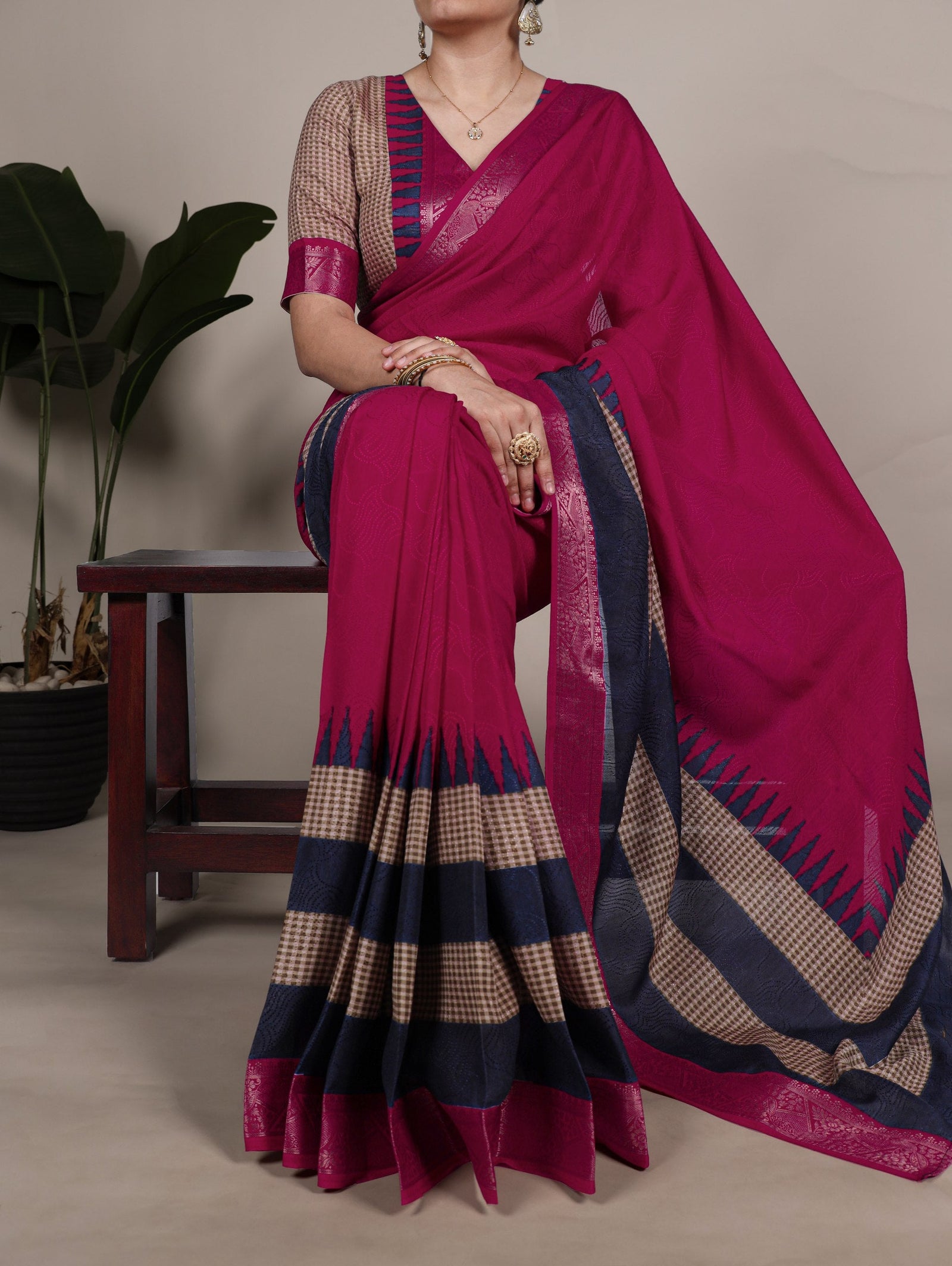Pink Elegant Poly Cotton Saree with Printed & Zari Weaving Work ClothsVilla