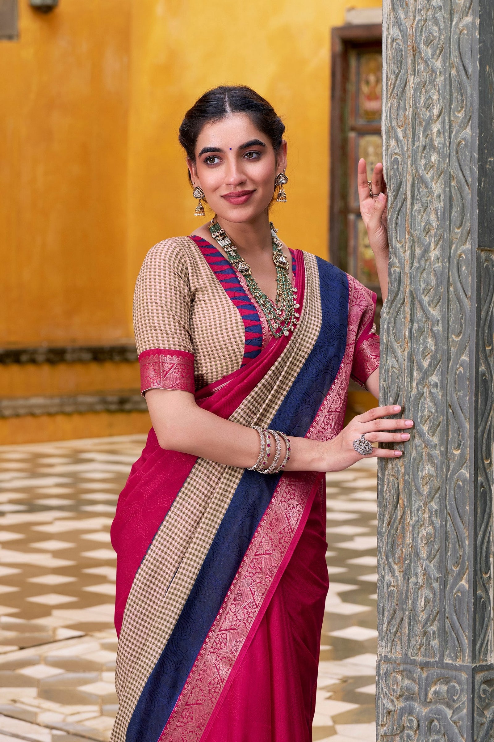 Pink Elegant Poly Cotton Saree with Printed & Zari Weaving Work ClothsVilla