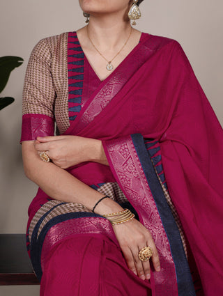 Pink Elegant Poly Cotton Saree with Printed & Zari Weaving Work ClothsVilla