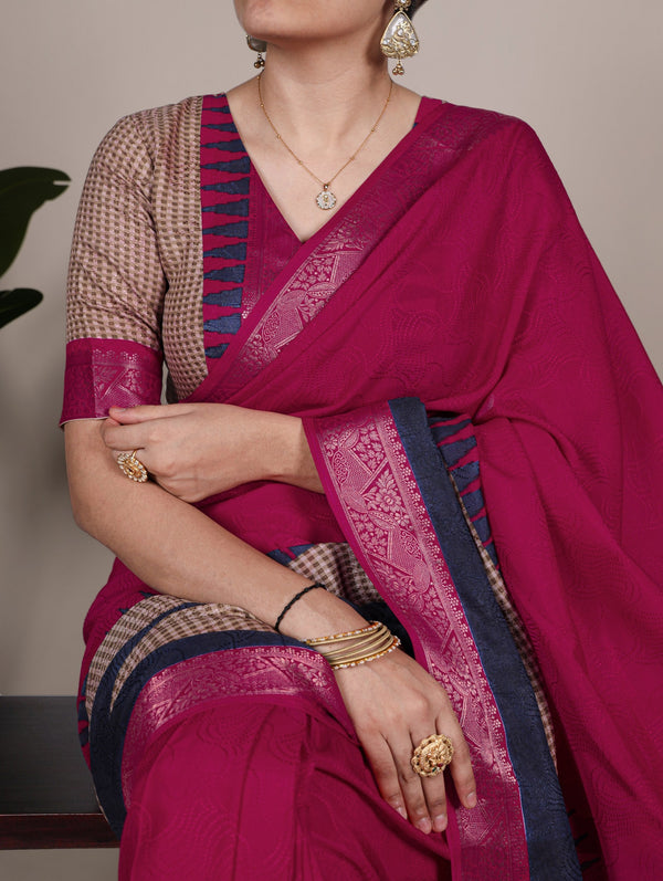 Pink Elegant Poly Cotton Saree with Printed & Zari Weaving Work ClothsVilla