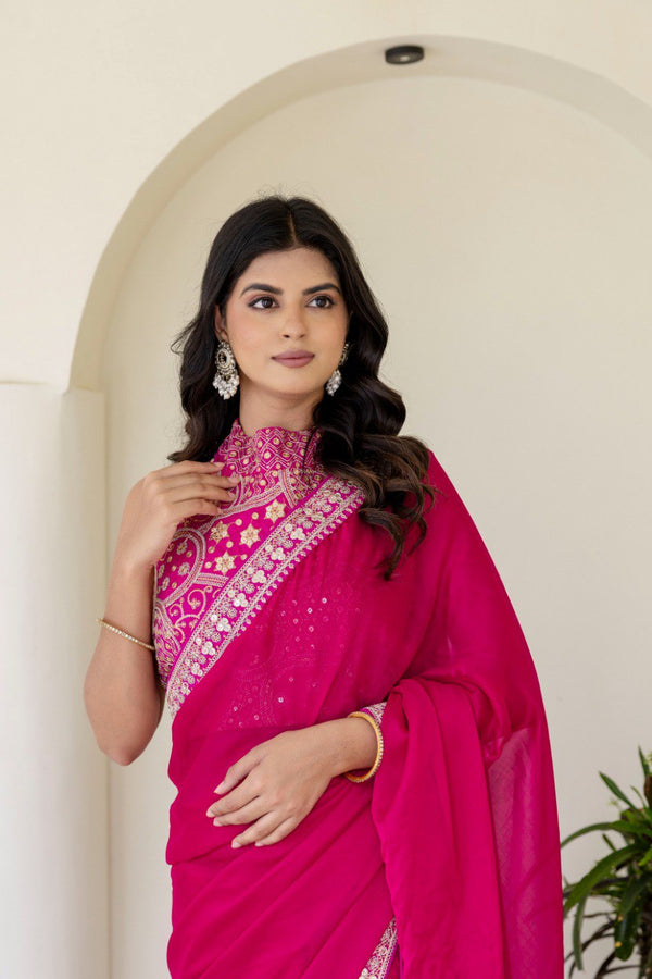Pink Elegant Rangoli Silk Saree with Cording Embroidery & Double Sequins Work Clothsvilla