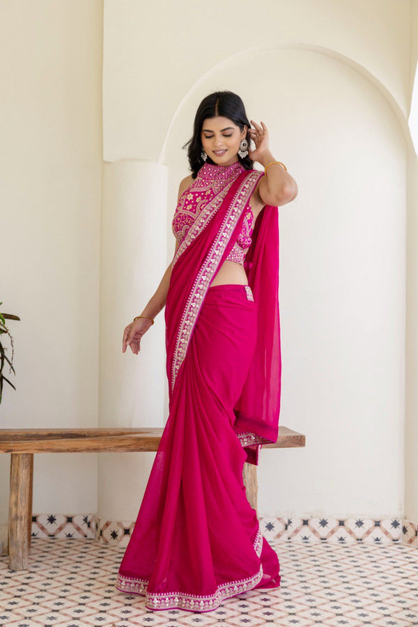Pink Elegant Rangoli Silk Saree with Cording Embroidery & Double Sequins Work Clothsvilla