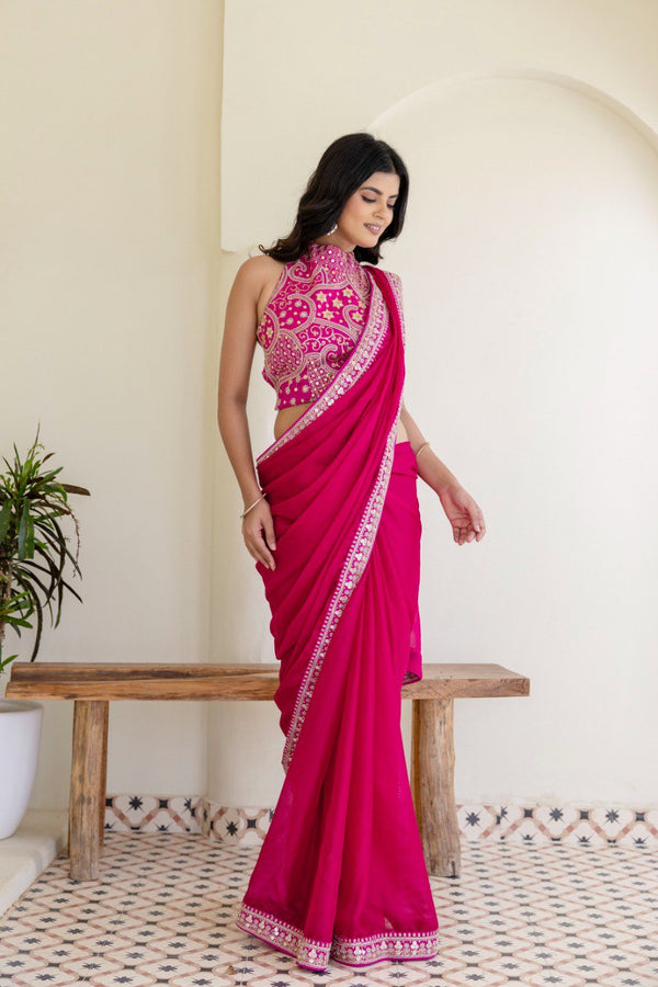 Pink Elegant Rangoli Silk Saree with Cording Embroidery & Double Sequins Work Clothsvilla