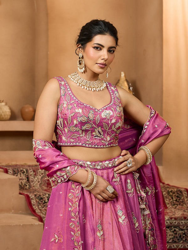 Pink Elegant Tissue Lehenga Choli with Matching Dupatta – Sequins, Stones & Thread Embroidery Festive & Party Wear ClothsVilla