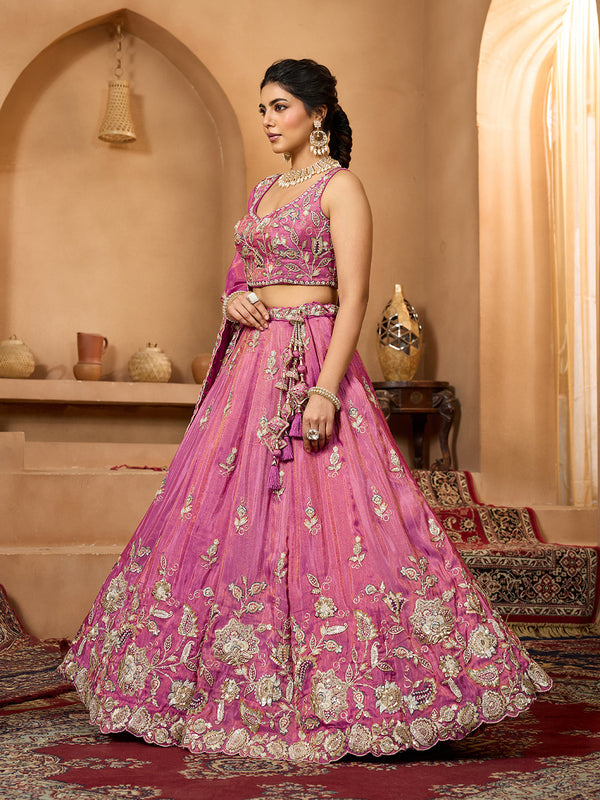 Pink Elegant Tissue Lehenga Choli with Matching Dupatta – Sequins, Stones & Thread Embroidery Festive & Party Wear ClothsVilla