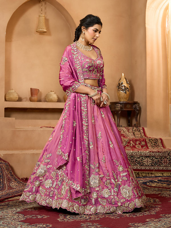 Pink Elegant Tissue Lehenga Choli with Matching Dupatta – Sequins, Stones & Thread Embroidery Festive & Party Wear ClothsVilla