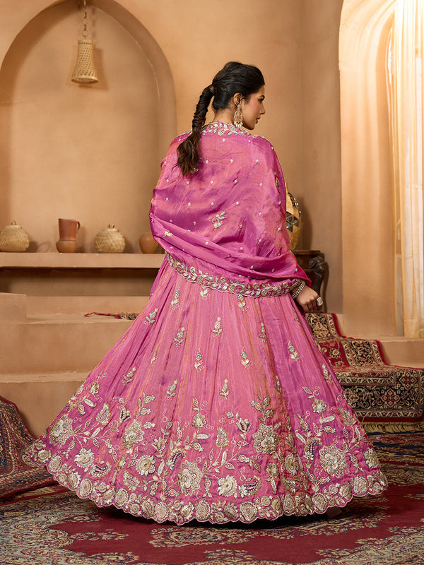 Pink Elegant Tissue Lehenga Choli with Matching Dupatta – Sequins, Stones & Thread Embroidery Festive & Party Wear ClothsVilla