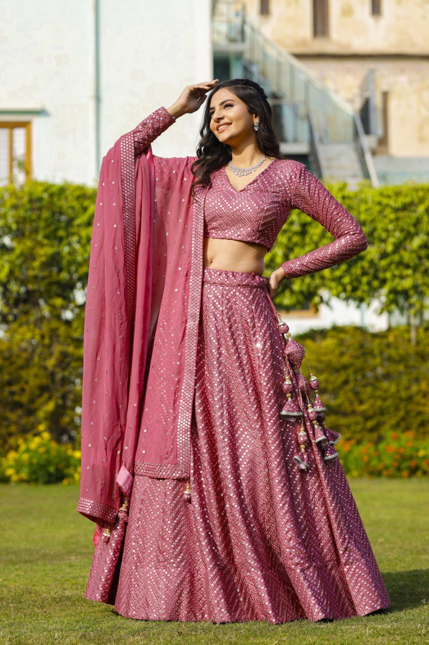 Pink Faux Georgette Lehenga Set with 9mm Sequins & Thread Embroidery – Semi-Stitched with Dupatta ClothsVilla