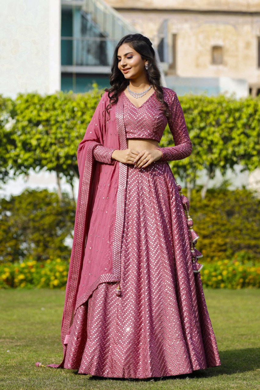 Pink Faux Georgette Lehenga Set with 9mm Sequins & Thread Embroidery – Semi-Stitched with Dupatta ClothsVilla