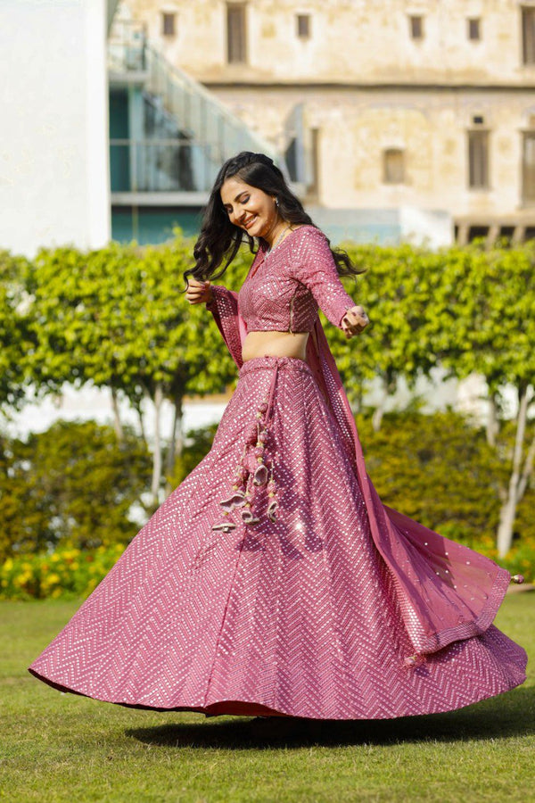 Pink Faux Georgette Lehenga Set with 9mm Sequins & Thread Embroidery – Semi-Stitched with Dupatta ClothsVilla