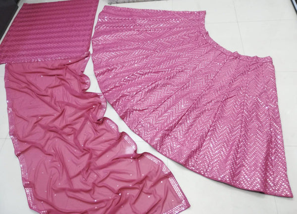 Pink Faux Georgette Lehenga Set with 9mm Sequins & Thread Embroidery – Semi-Stitched with Dupatta ClothsVilla