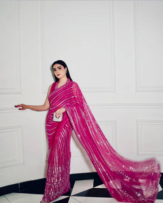 Pink Georgette Saree with Sequins, Thread & Dori Work Paired with Unstitched Japan Satin Blouse ClothsVilla