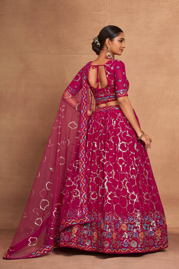 Pink Heavy Georgette Embroidered Lehenga Choli Set with Sequins & Net Dupatta ClothsVilla