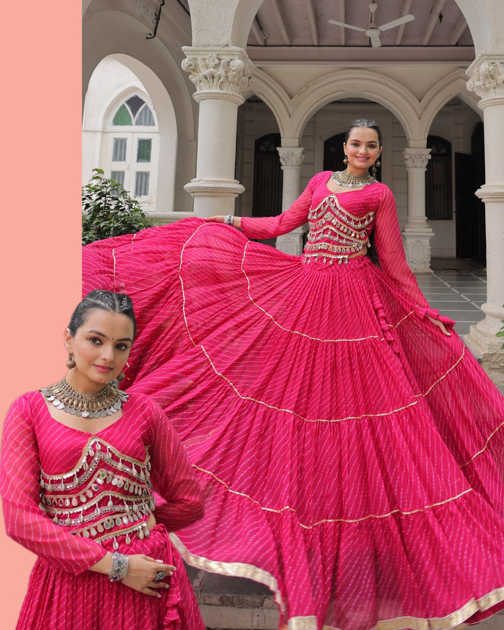 Pink Navratri Special Leheriya Print Lehenga Choli with 12 Mtr Flair & Mirror Lace Work ClothsVilla