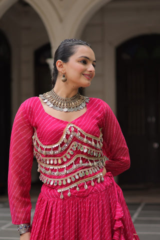 Pink Navratri Special Leheriya Print Lehenga Choli with 12 Mtr Flair & Mirror Lace Work ClothsVilla