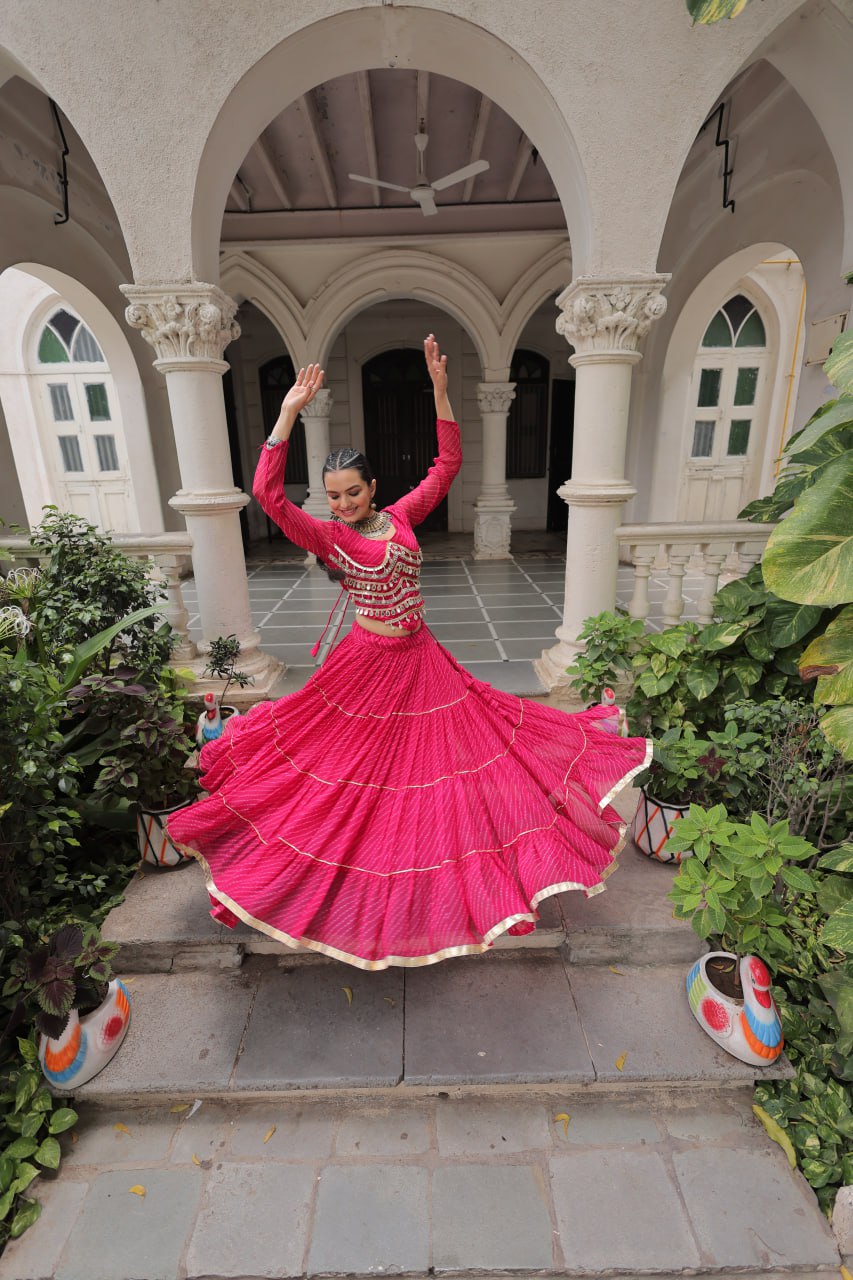 Pink Navratri Special Leheriya Print Lehenga Choli with 12 Mtr Flair & Mirror Lace Work ClothsVilla