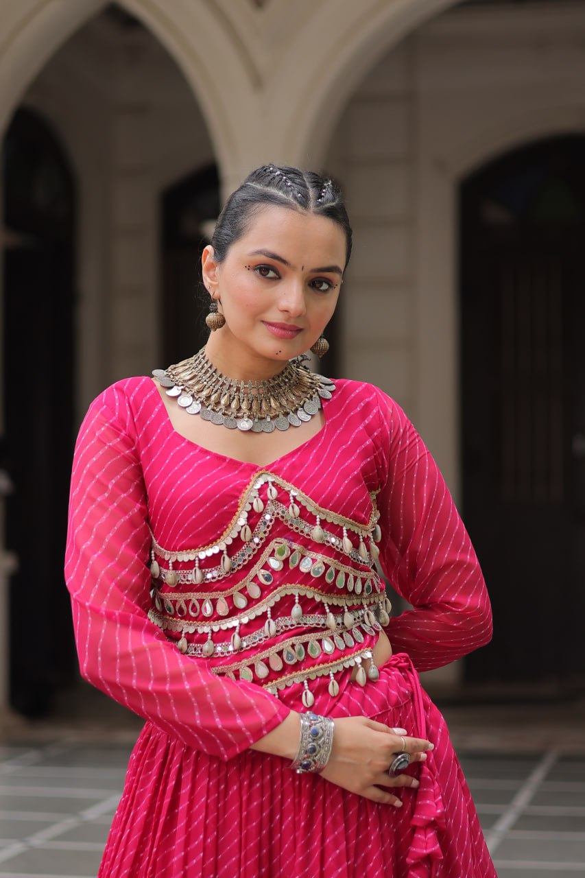 Pink Navratri Special Leheriya Print Lehenga Choli with 12 Mtr Flair & Mirror Lace Work ClothsVilla