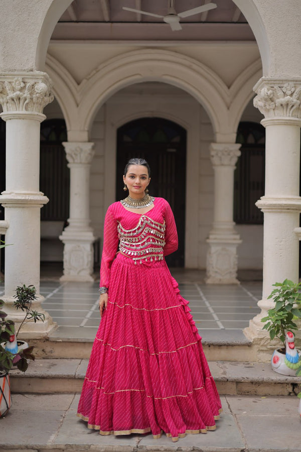 Pink Navratri Special Leheriya Print Lehenga Choli with 12 Mtr Flair & Mirror Lace Work ClothsVilla