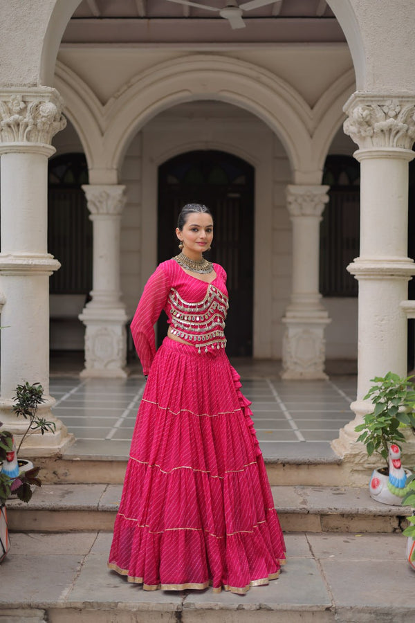 Pink Navratri Special Leheriya Print Lehenga Choli with 12 Mtr Flair & Mirror Lace Work ClothsVilla