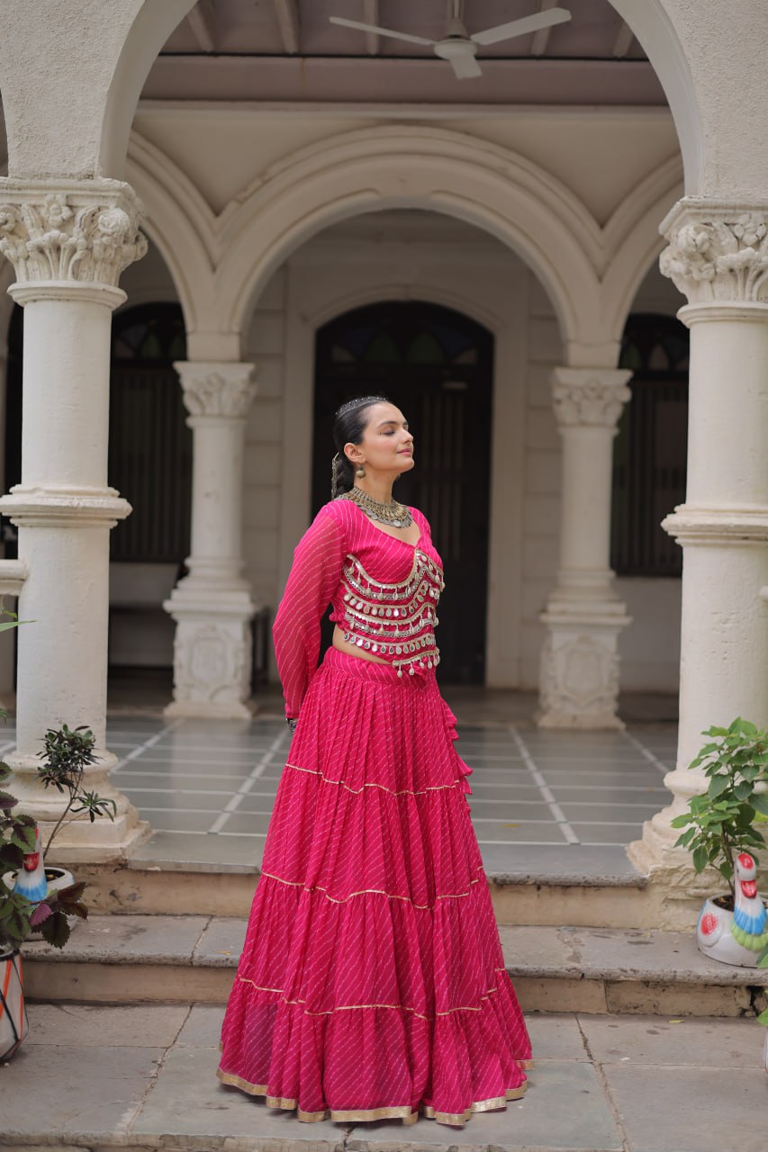Pink Navratri Special Leheriya Print Lehenga Choli with 12 Mtr Flair & Mirror Lace Work ClothsVilla