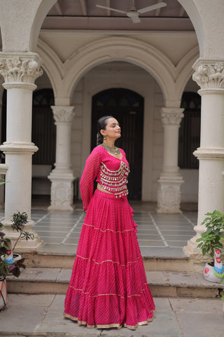 Pink Navratri Special Leheriya Print Lehenga Choli with 12 Mtr Flair & Mirror Lace Work ClothsVilla