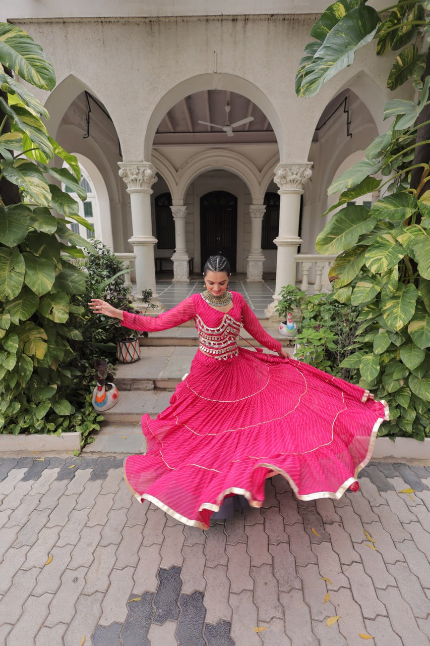 Pink Navratri Special Leheriya Print Lehenga Choli with 12 Mtr Flair & Mirror Lace Work ClothsVilla