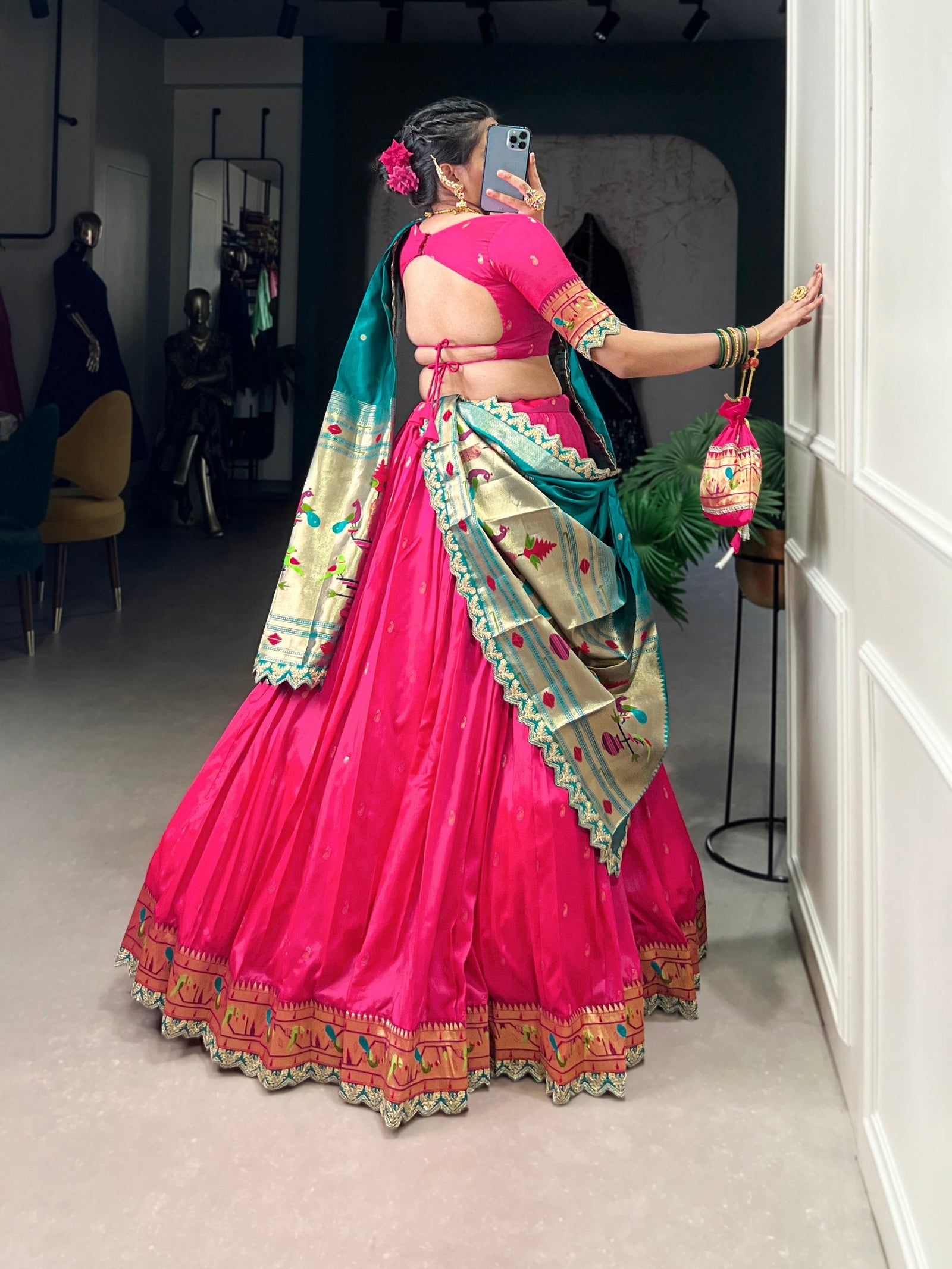 Pink Paithani Jacquard Silk Lehenga Set with Zari Weaving, Embroidery & Scallop ClothsVilla