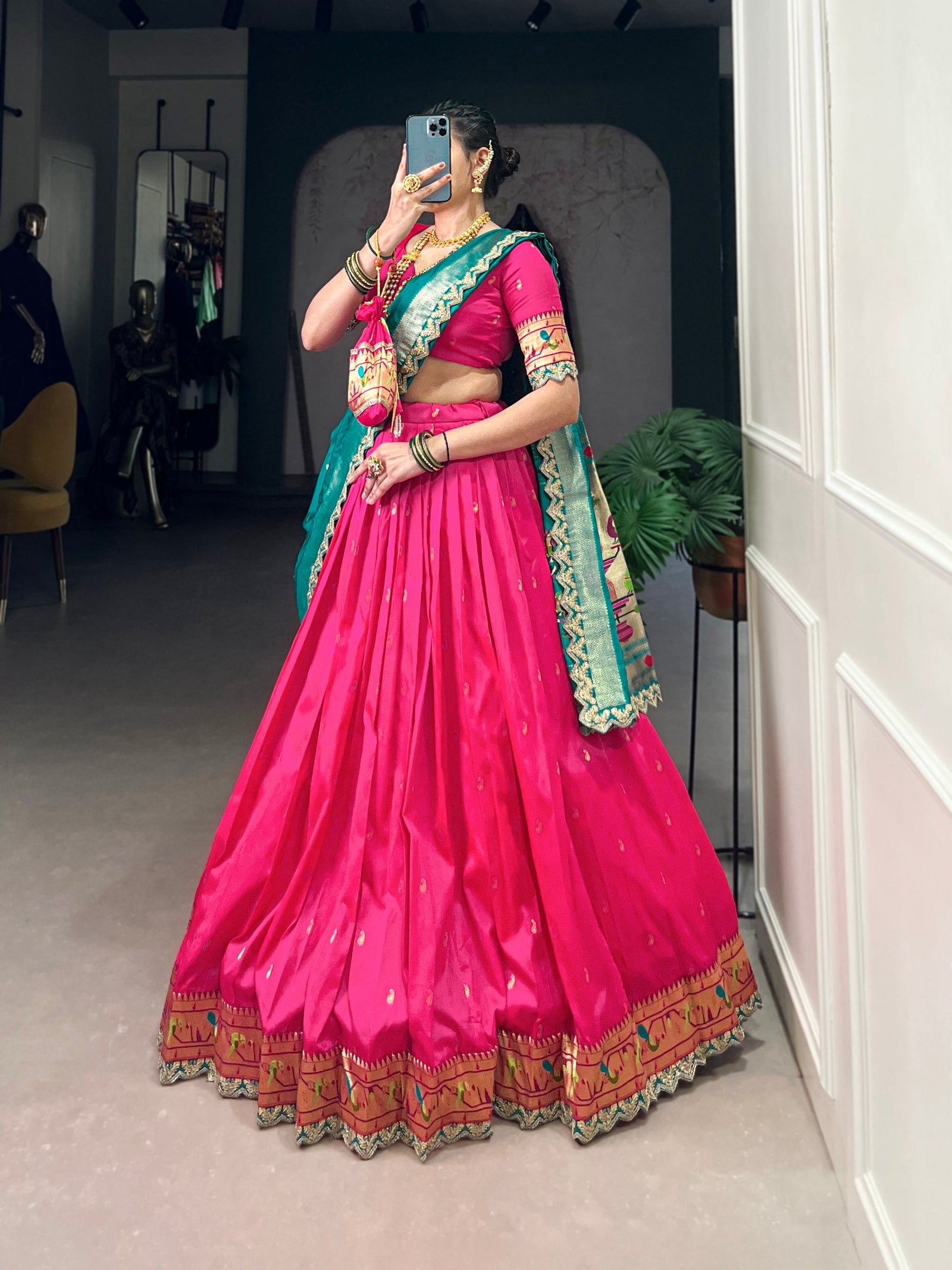 Pink Paithani Jacquard Silk Lehenga Set with Zari Weaving, Embroidery & Scallop ClothsVilla
