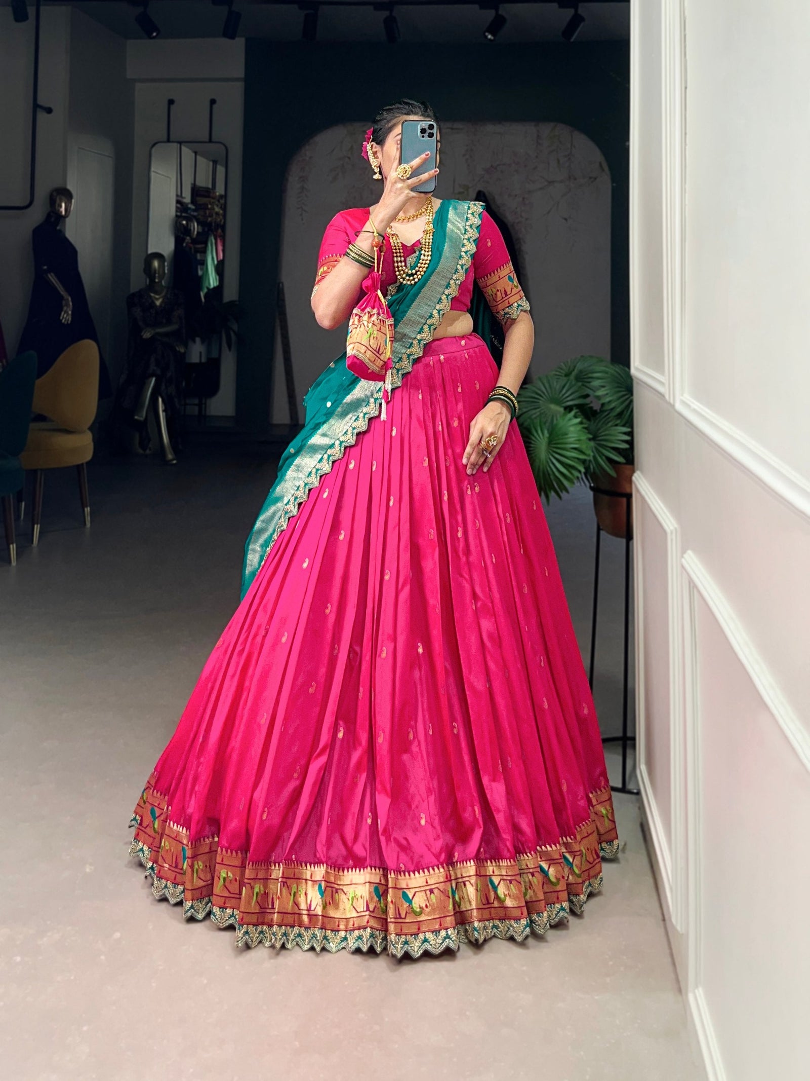 Pink Paithani Jacquard Silk Lehenga Set with Zari Weaving, Embroidery & Scallop ClothsVilla