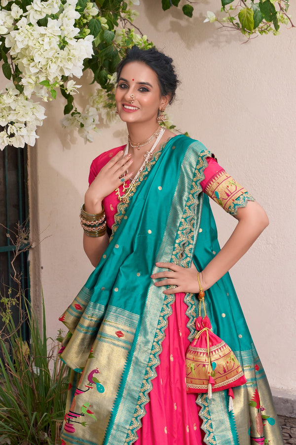 Pink Paithani Jacquard Silk Lehenga Set with Zari Weaving, Embroidery & Scallop ClothsVilla