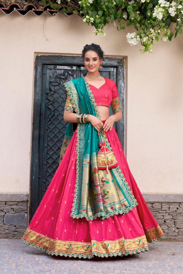 Pink Paithani Jacquard Silk Lehenga Set with Zari Weaving, Embroidery & Scallop ClothsVilla
