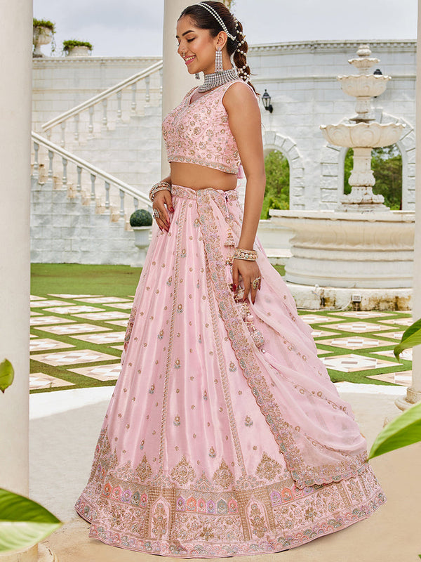 Pink Premium Silk Lehenga Choli with Viscose Organza Dupatta – Sequins, Coding & Thread Embroidery ClothsVilla