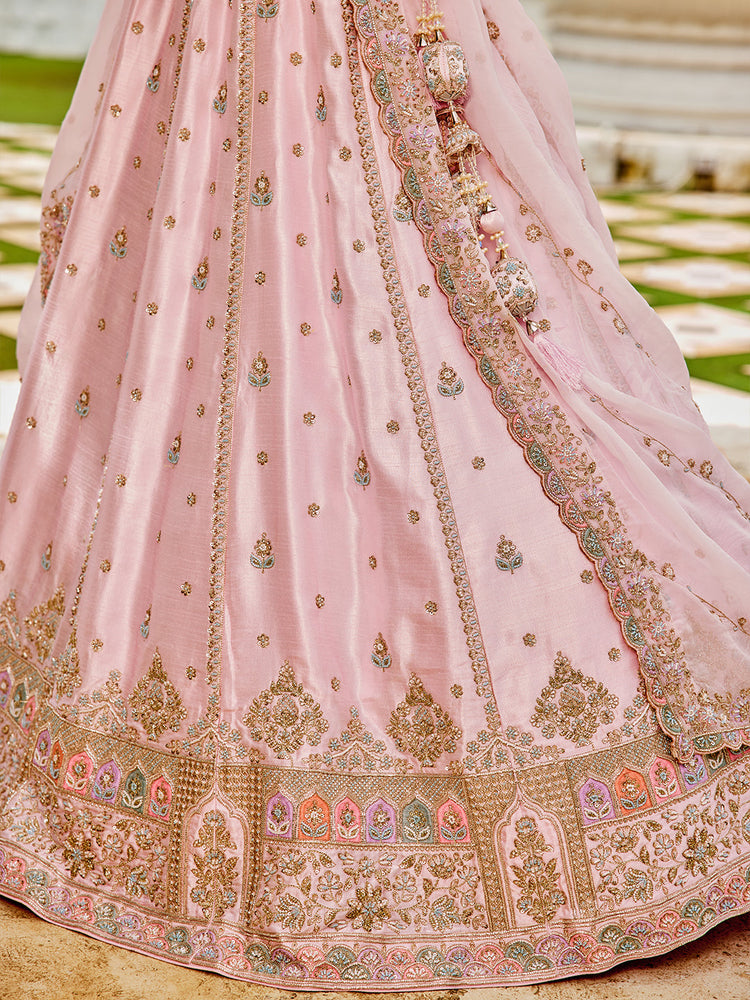 Pink Premium Silk Lehenga Choli with Viscose Organza Dupatta – Sequins, Coding & Thread Embroidery ClothsVilla