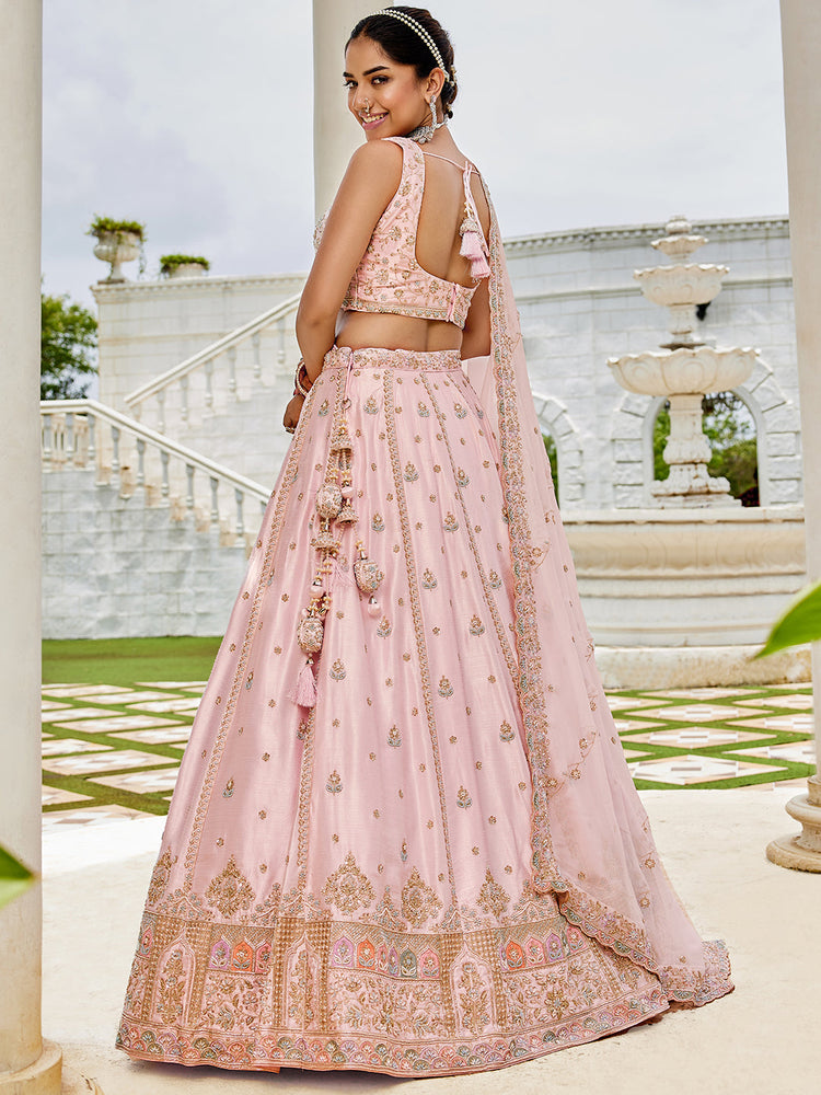 Pink Premium Silk Lehenga Choli with Viscose Organza Dupatta – Sequins, Coding & Thread Embroidery ClothsVilla