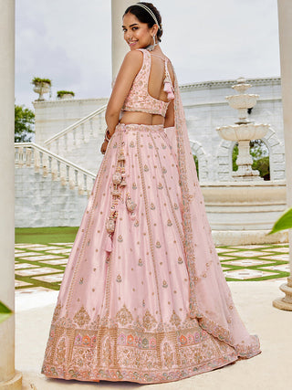 Pink Premium Silk Lehenga Choli with Viscose Organza Dupatta – Sequins, Coding & Thread Embroidery ClothsVilla