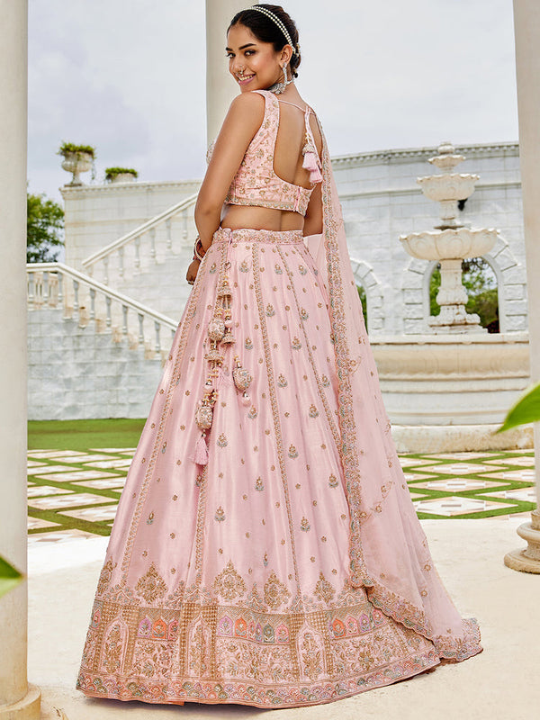 Pink Premium Silk Lehenga Choli with Viscose Organza Dupatta – Sequins, Coding & Thread Embroidery ClothsVilla