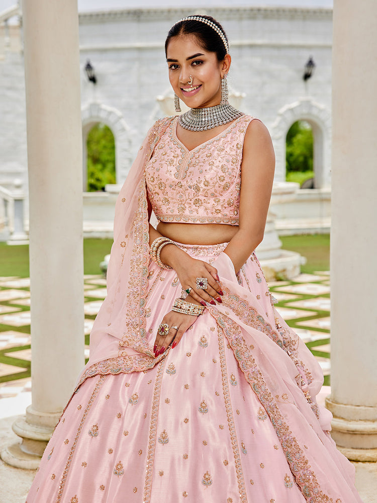 Pink Premium Silk Lehenga Choli with Viscose Organza Dupatta – Sequins, Coding & Thread Embroidery ClothsVilla