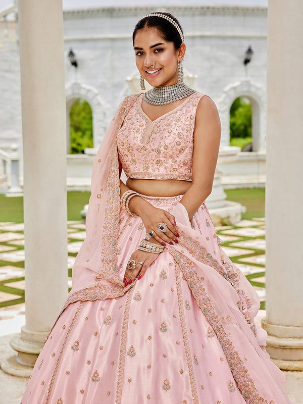 Pink Premium Silk Lehenga Choli with Viscose Organza Dupatta – Sequins, Coding & Thread Embroidery ClothsVilla