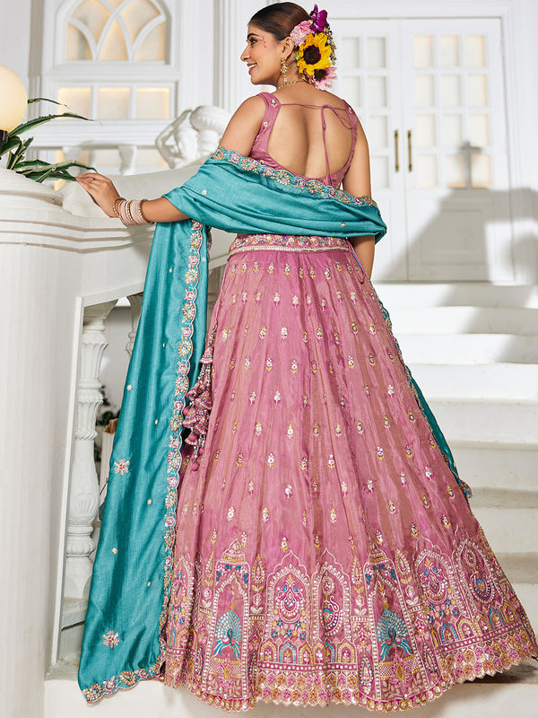 Pink Premium Tissue Sequin Embroidered Lehenga Choli Set with Ethnic Cutwork Dupatta & Handmade Tassels ClothsVilla
