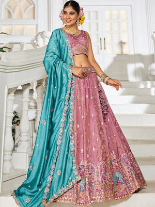Pink Premium Tissue Sequin Embroidered Lehenga Choli Set with Ethnic Cutwork Dupatta & Handmade Tassels ClothsVilla