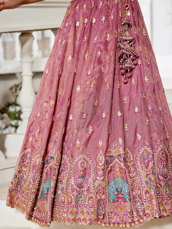 Pink Premium Tissue Sequin Embroidered Lehenga Choli Set with Ethnic Cutwork Dupatta & Handmade Tassels ClothsVilla