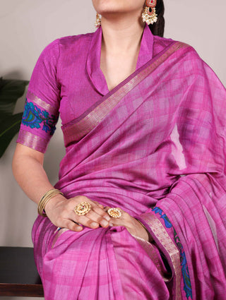 Pink Printed Chanderi Saree with Zari Weaving Work | Polyester Viscose Clothsvilla