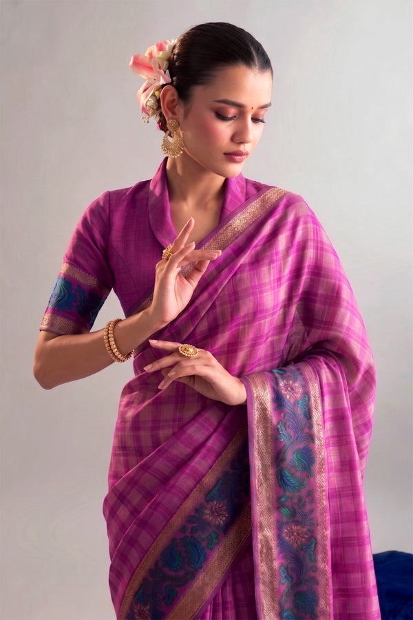 Pink Printed Chanderi Saree with Zari Weaving Work | Polyester Viscose Clothsvilla