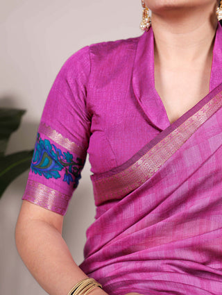 Pink Printed Chanderi Saree with Zari Weaving Work | Polyester Viscose Clothsvilla